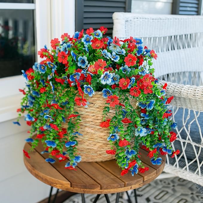 Artificial Faux Hanging Flowers Plants for Spring Outdoor Outside Decoration, 2 PCS Fake Silk Daisy with Eucalyptus UV Resistant Realistic Trailing Vines for Balcony Patio Porch (BlueRed)