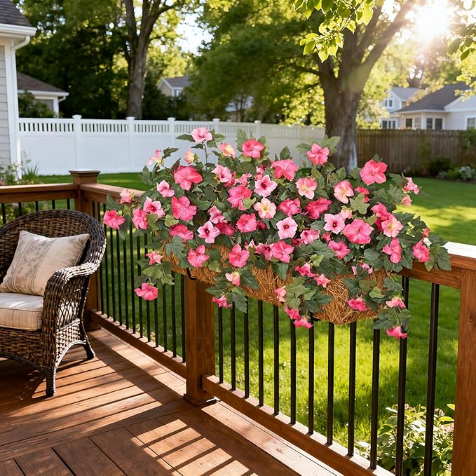 Ammyoo Artificial Fake Petunia Flowers for Outdoor Decoration, 2PCS Faux Silk Petunias Flower for Spring UV Resistant No Fade Realistic Plants for Garden Balcony Yard Porch Indoor Decor(Double Pink)