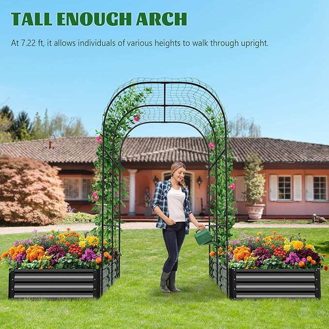 3 in 1 Galvanized Raised Garden Bed with 87" H Arch Trellis for Climbing Plants, Outdoor Gardening Planter Box with Climbing Net for Flower Vegetables Fruits Herbs, Black