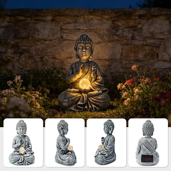 Suyorpe Buddha Statue Outdoor Statues with Solar Lights - Sitting Buddha Figurine for Garden, Zen Decor for Garden,Home, Patio, Lawn,Yard Balcony