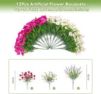 Artificial Flowers Fake Plants for Outdoors Decoration, 12 Bundles Silk Morning Glory with 2PCS Lavender Realistic UV Resistant Faux Spring Flowers for Outside Planter Yard Patio Garden Home Indoor