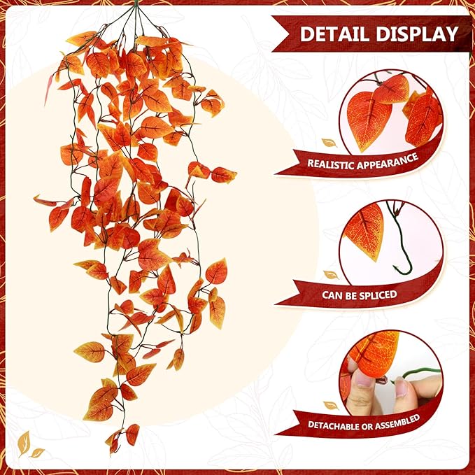 2-Pack Fake Hanging Plants, Faux Hanging Plant Artificial Greenery for Living Room Bedroom Boho Wall Shelf Indoor Outdoor Decor (Orange Pothos Ivy Vines)