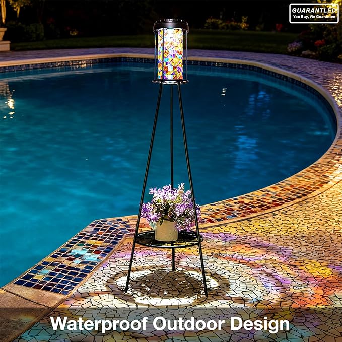 Outdoor Lamps for Patio 2 Pack, Outdoor Floor Lamp with Plant Stand, Solar Powered RGB Outdoor Lights, Waterproof Standing Lamp for Garden Yard Décor, Stained Glass Decorative Lamp, Gift for Women Mom
