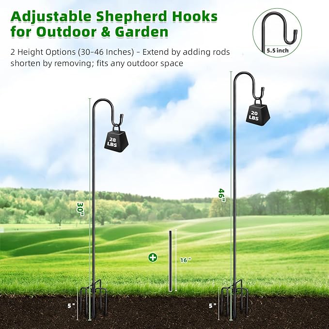 46" Heavy Duty Shepherds Hooks for Outdoor, Bird Feeder Pole with 5 Prong Base, Adjustable Height Shepherds Hook for Hummingbird Feeder, Bird Feeder, Plant, Wind Chimes,Lanterns,Wedding Decor (1 Pack)
