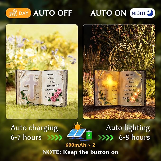 KARTOOSH Solar Bible Cross Garden Statue, Memorial Cross Flower Light with Stakes, Grave Decoration Gift for Cemetery Yard Lawn Patio Pathway Outdoor Decor