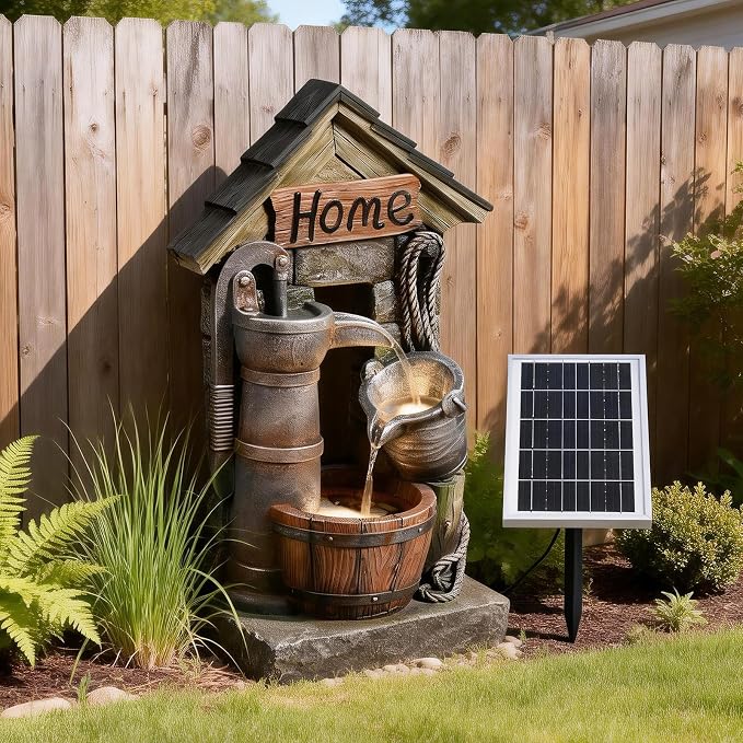 Solar Outdoor Water Fountain with Pump and Water Well 28.7 Inch High Rustic Barrel Cascading Waterfall Fountain, 3-Tier Garden Water Feature for Patio, Backyard, Yard & Outdoor Decor