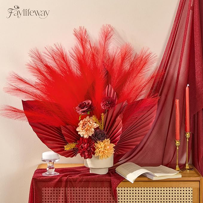 50 PCS Red Pampas Grass, 17in Pampas Grass Decor, Artificial Pompas Wall Decor for Vase Room Bedroom Kitchen Table Wedding Party Birthday Baby Showers（Red）