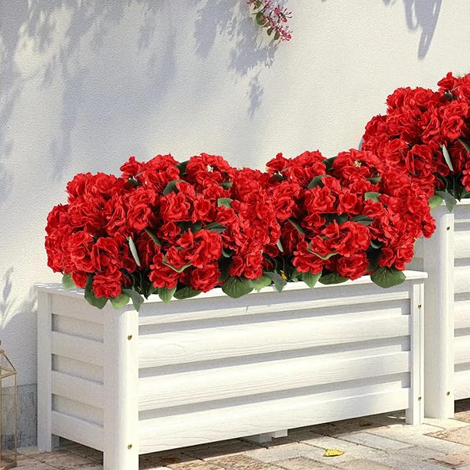26Pcs Geranium Artificial Flowers for Outdoors Decoration Geranium Silk Flowers Outsides UV Resistant Garden Plants Faux Flower for Front Door Garden Porch Planter Patio Balcony Yard Indoor Home (Red)