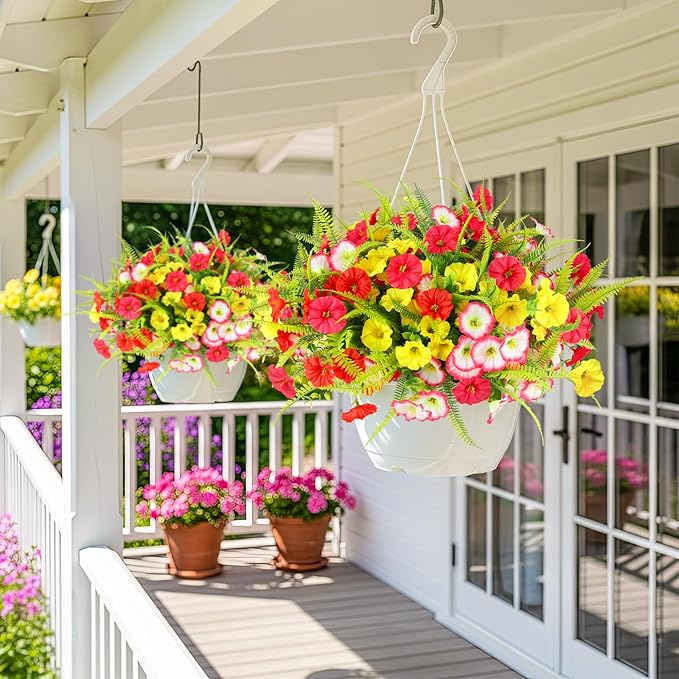 Artificial Flowers for Outdoors 12 Bundles Artificial Petunias Fake Flowers UV Resistant Shrubs Plants with Fern for Indoor Outside Hanging Planters Home Garden Spring Summer Decorations