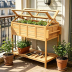 Raised Herb Garden Planter Indoor Outdoor with Wheels for Basil, Parsley, Rosemary, Thyme & Mint , Wooden Seed Starter Grow Box with Cover, Gardening Gifts for Women, Mom, Plant Lovers (Wood)