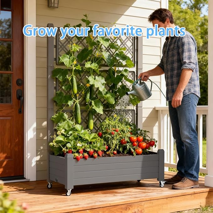 Mobile Elevated Planter Box with Trellis 3-Tier Lattice Trellis Planter with Rolling Wheels Outdoor Raised Garden Bed for Climbing Plants Vegetables and Flowers