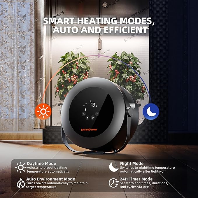 Spider Farmer Grow Tent Heater,530W Portable Heater with Smart Temperature Control,24H Timer,10-Level PTC Heating & Extension Hose for Plant Rooms,Greenhouse, and Grow Tents