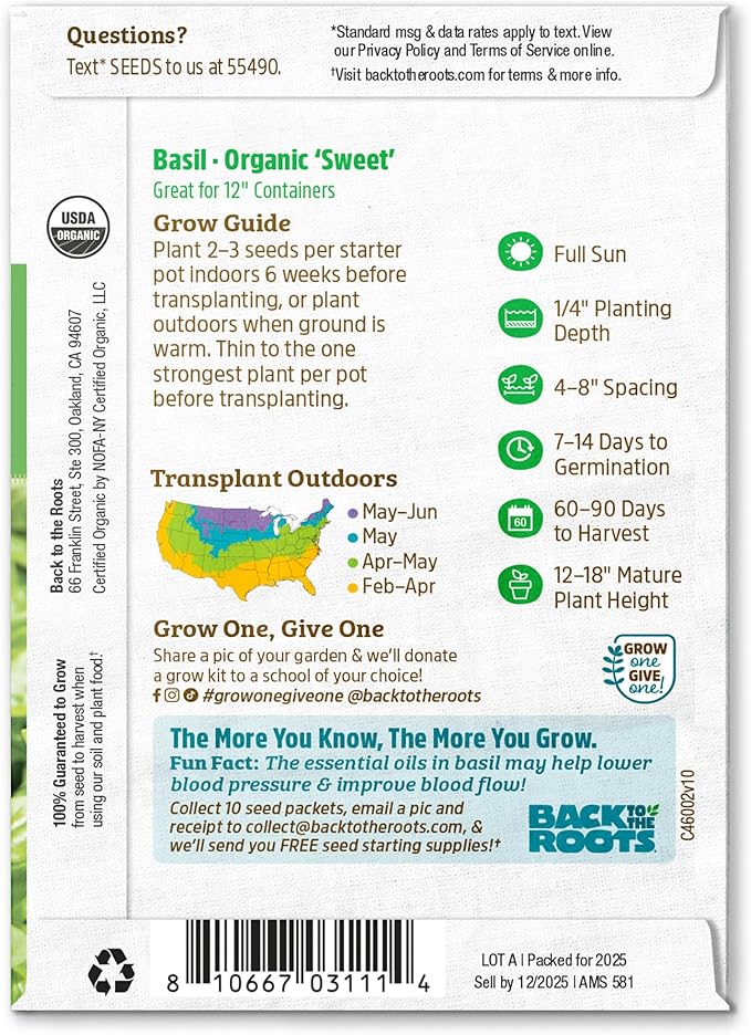 Back to The Roots 100% Organic Heirloom Seeds - Basil Value Pack (600mg Total)