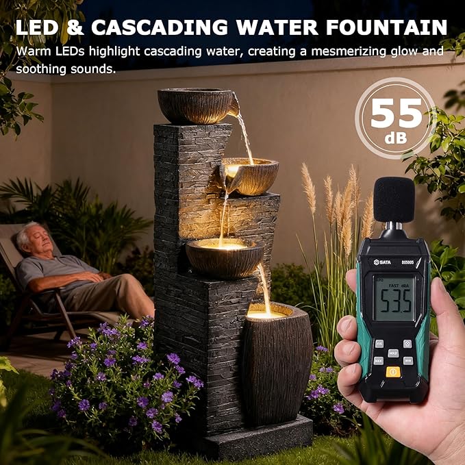 38.2" Tall Water Fountain Outdoor Garden,4 Tiers Modern Cascading Bowls and Stacked Stones Indoor Fountains with LED Lights for Garden, Patio, Deck, Porch, Backyard and Home Art Decor(Grey)