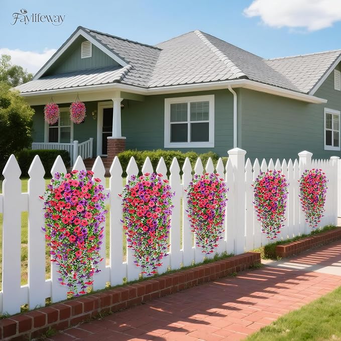 Artificial Hanging Flowers for Outdoors Spring Summer Decoration, 8PCS UV Resistant Silk Fake Hanging Plants for Patio Porch Front Yard Window Garden Indoor Decor(Purple&Hot Pink,8PCS)