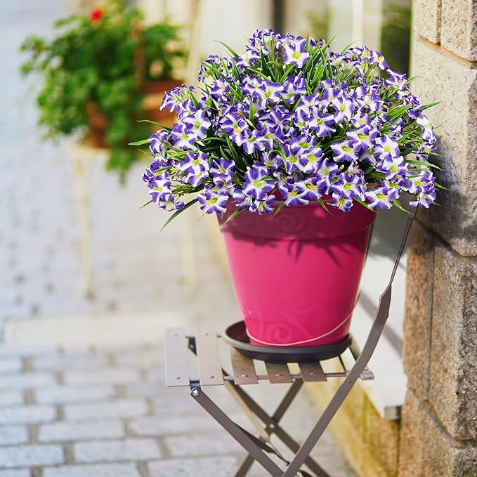 LikSoor Outdoors Artificial Flowers Spring Summer Decor Fake Petunias UV Resistant Flower Faux 12 Bundles Realistic Plastic Plant Porch Patio Window Box Garden Decoration (Purple)