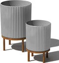 Veradek Demi Series Round Planter w/Stand for Porch/Patio | Durable Plastic-Stone Composite & Wooden Stand | Modern Décor for Tall Plants, Flowers