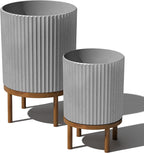 Veradek Demi Series Round Planter w/Stand for Porch/Patio | Durable Plastic-Stone Composite & Wooden Stand | Modern Décor for Tall Plants, Flowers