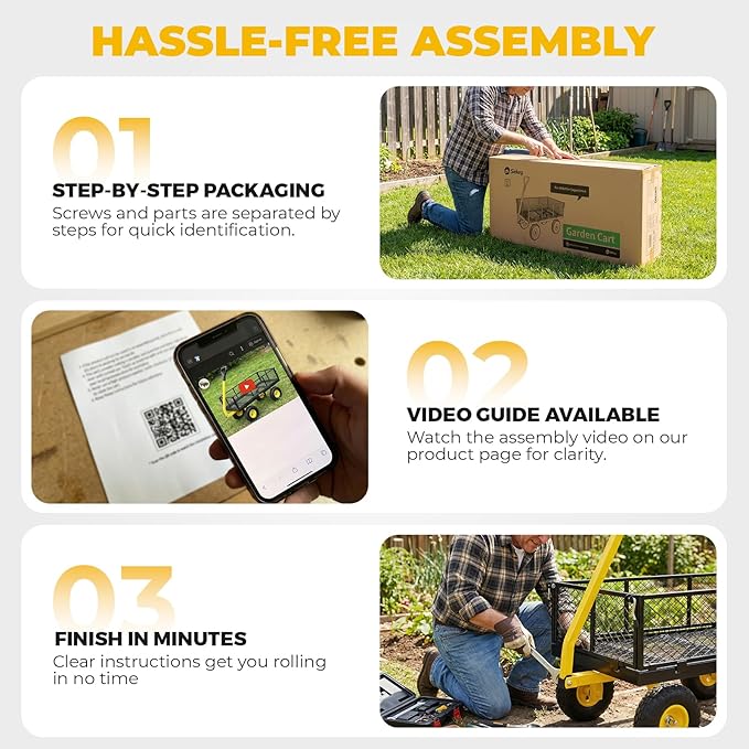 Sekey 1000lbs Heavy Duty Steel Garden Cart for Yard & Farm, Utility Wagon with Removable Sides (Convert to Flatbed), 10" Rubber Tires, Black