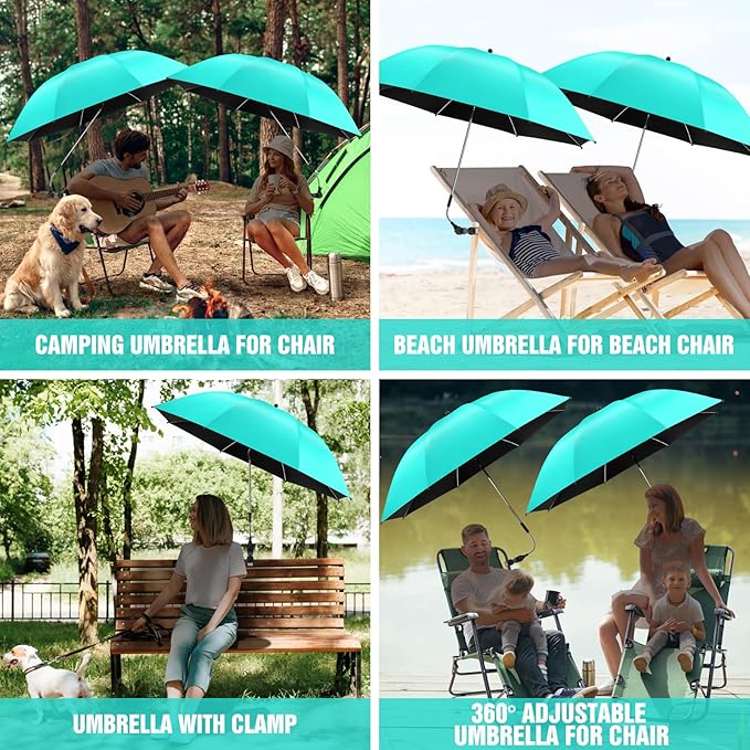 2 PACK Beach Umbrella with Clamp, 360 ° Adjustable Umbrellas for Chair, UPF50+ Umbrella for Beach Chair, Patio Chair, Wheelchair, Camping Chair, Golf Carts (Chair Not Included)