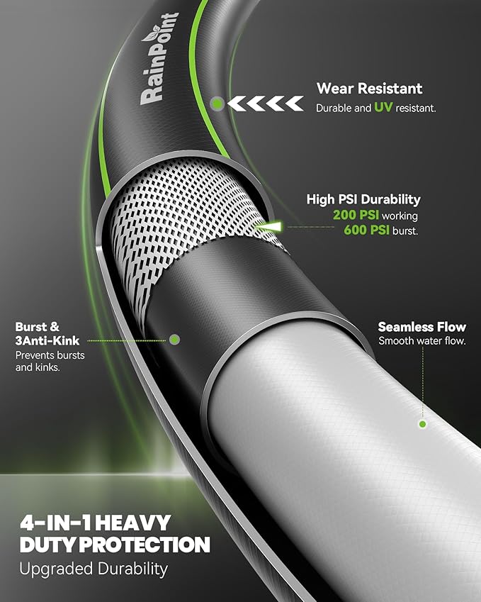 RAINPOINT Garden Hose 100ft x 5/8", Water Hose Heavy Duty, Flexible, Lightweight Durable Hybrid Hose with Swivel Handle, Male to Female Fittings