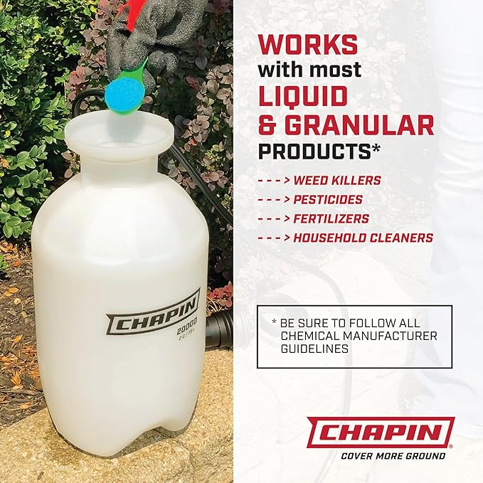 Chapin 20006 Pump Sprayer, 3‑Gallon, Lawn & Garden, Translucent Poly Tank, Funnel‑Top, SureSpray Anti‑Clog Filter, Adjustable Cone Nozzle & 34" Hose for Fertilizer, Weed & Pest Application