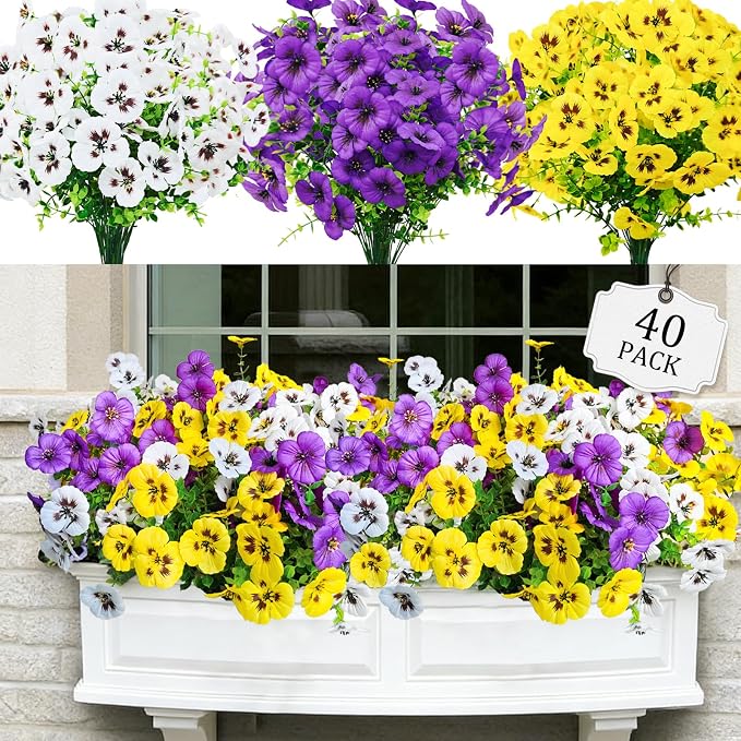 40 Pcs Artificial Fake Pansy Flowers for Outdoors, Faux Silk Pansies Spring Flowers UV Resistant Artificial Plants Outdoor for Planter Front Door Porch Yard Patio Home Decor(Purple Yellow White)