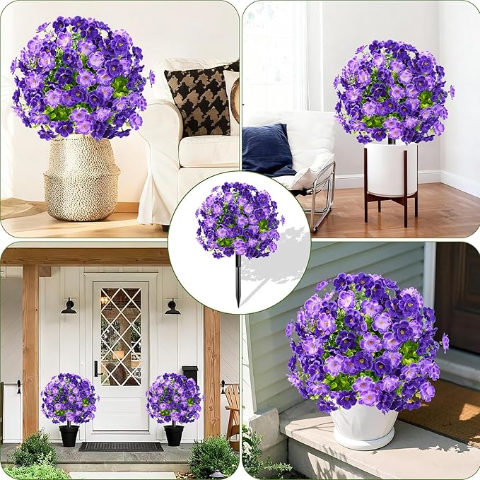 Waipfaru Set of 2 Artificial Boxwood Topiary with Colorful Flowers, 23" UV Resistant Fake Bushes Faux Outdoor Plants, Artificial Shrubs with Ground Spike for Outdoor Garden Front Porch(Purple)
