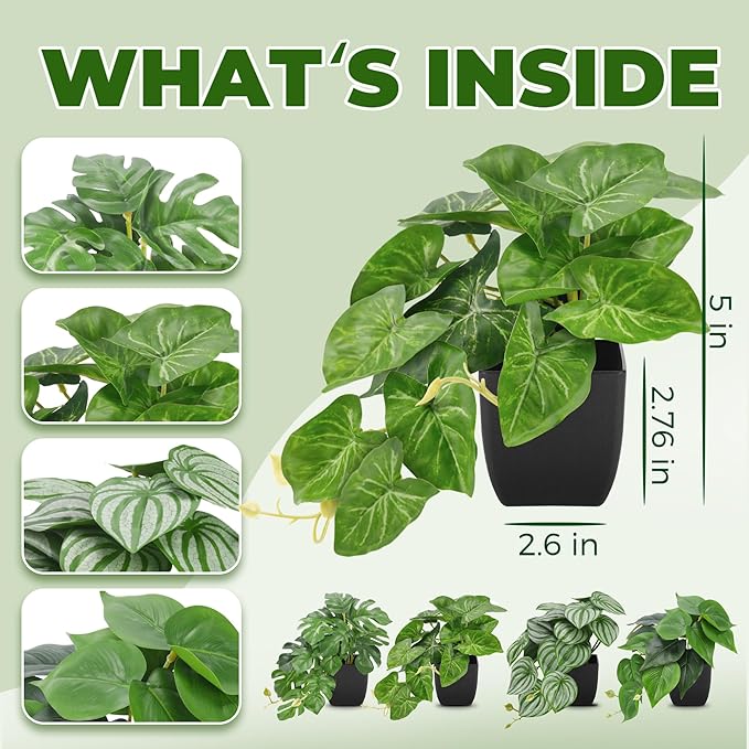 Der Rose 4Pcs Small Fake Plants Black Artificial Mini Faux Plants for Bathroom Office Desk Shelf Table Accessories Decor Indoor
