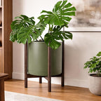 D'vine Dev Planter Pot with Stand - 16 Inch Plastic Cylinder Flower Pot with Wood Planter Holder for Indoor, Olive Pot + Walnut Color Stand, 55-C-X-3