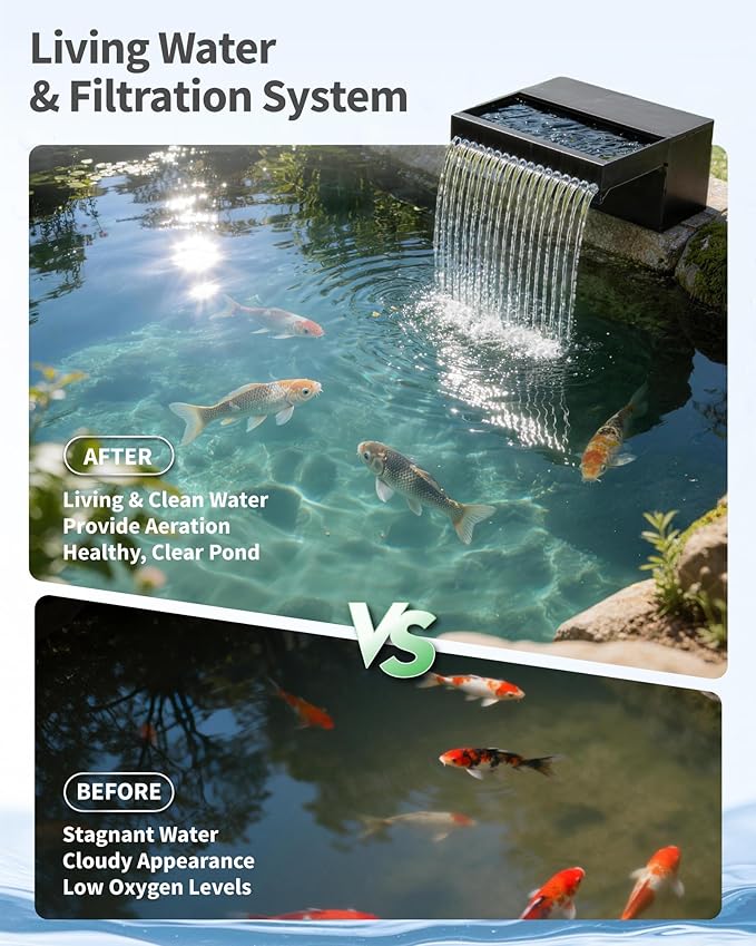 POPOSOAP 12Inch Pond Waterfall Spillway with RGB LED Lights & APP/Remote Control, 660GPH 40W Pond Spillway with 304 Stainless Steel & 9.8FT Tube for Ponds Garden Landscape Water Features-P43DS