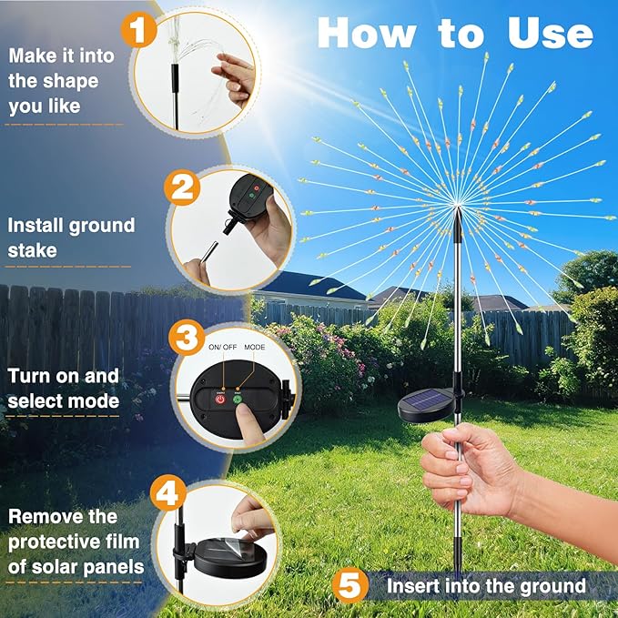 btfarm 6 Pack 120 LED Solar Garden Lights Outdoor, 8 Modes Firework Lights Solar Powered, Waterproof Twinkle Fairy Light Outside for Yard Patio Pathway Pool Christmas Party Decorative, Warm White