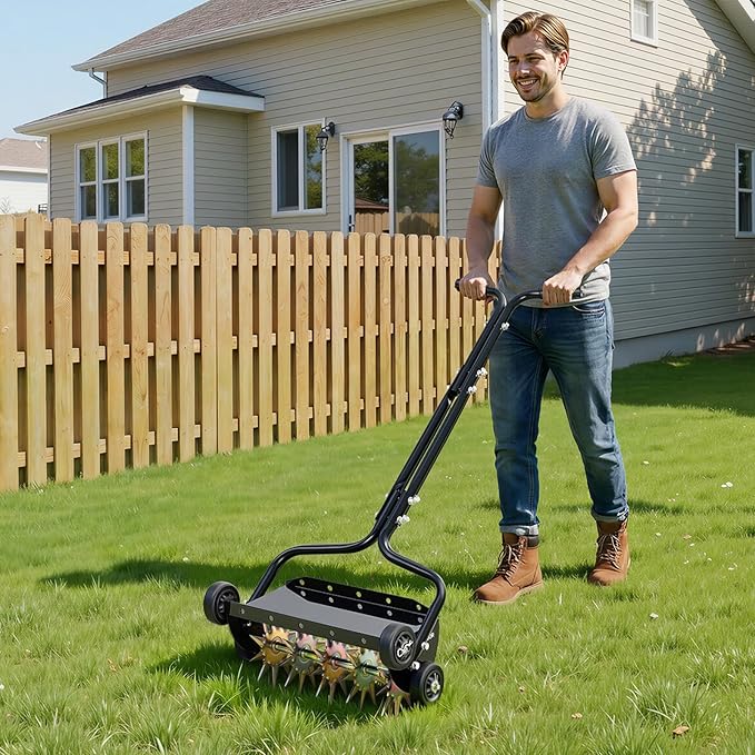 VEVOR Lawn Aerator, 18 in Manual Push Spike Aerator with 4 Wheels & Handle, Heavy Duty Grass Aerators, Supports 40 lbs Added Weight, Rolling Lawn Aeration Tool for Garden Yard Aeration Soil Health