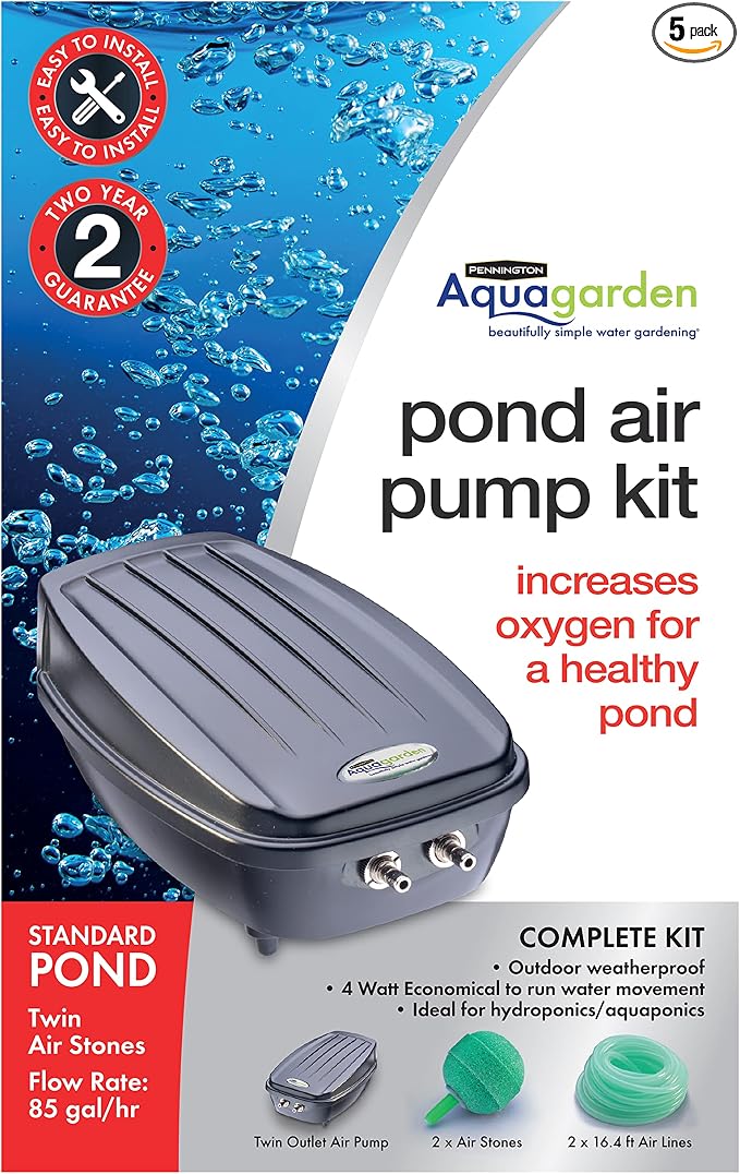 Aquagarden, Pond Air Pump Kit, Outdoor Weather Proof air Pump, Twin Outlet Pond Oxygenator, Inc 2 Air Stones & 2 Air Lines, 85 gal/hr Flow Rate, Economical to Run, for Standard Ponds