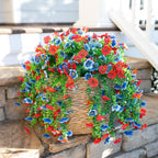 HyeFlora Faux Flowers for Outdoors Decoration, 2Pcs Artificial Fake Hanging Spring Summer Decor, Red and Blue Realistic Plants, UV & Fading Resistant Silk Flower for Porch Patio Balcony Planter Yard