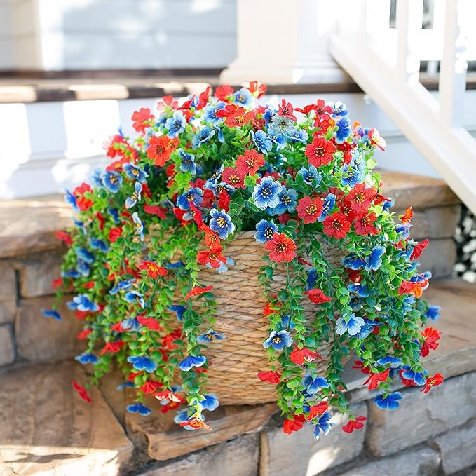 HyeFlora Faux Flowers for Outdoors Decoration, 2Pcs Artificial Fake Hanging Spring Summer Decor, Red and Blue Realistic Plants, UV & Fading Resistant Silk Flower for Porch Patio Balcony Planter Yard