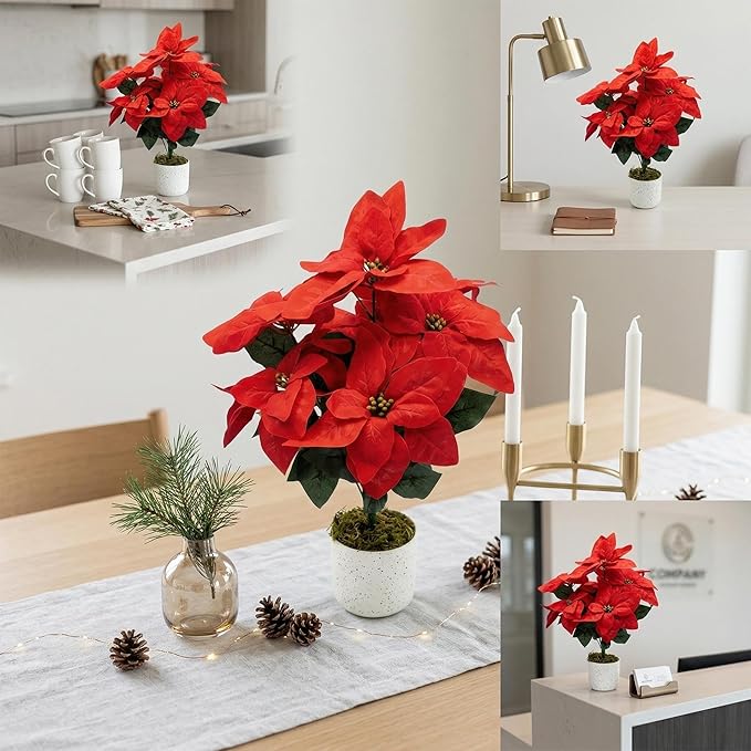2 Pack Red Christmas Poinsettia Flowers in Pots, 18.9" Artificial Poinsettia Plants with Realistic Layered Petals, Speckled Pot and Moss Base for Holiday Indoor Decor, Table Centerpiece, Porch
