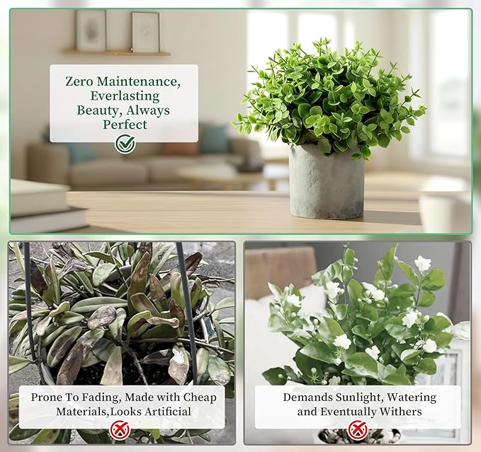 Lemonfilter Small Fake Plants, 5 Pack Mini Potted Artificial Eucalyptus Plant Greenery Plastic Fake Plants Faux Plant for Table Shelve Bathroom Kitchen Rustic Farmhouse Indoor Decor