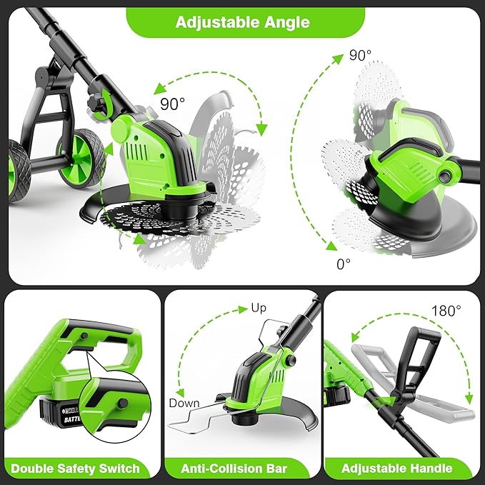 12" Stringless Weed Wacker Cordless Eater, 20000 RPM Powerful Battery Powered Trimmer Edger Lawn Tool, 21V 6000mAh Electric Wheeled Lawn Edger with Blades, Foldable& Lightweight Design Brush Cutter