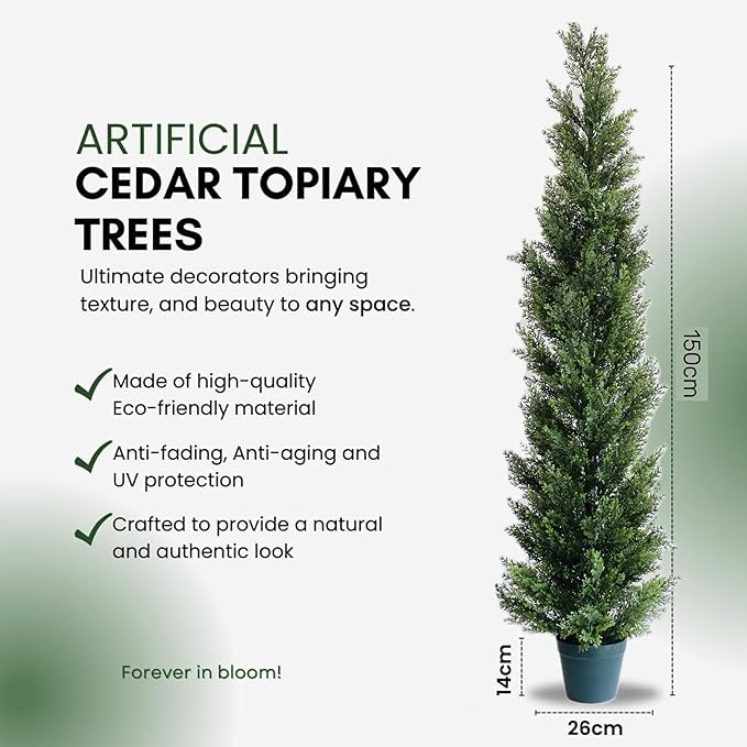 5 Feet Outdoor Artificial Topiary Cedar Tree, Set of 2 UV Resistant Potted Faux Cedar Trees for Outdoors and Indoors, Decorative Fake Shrubs Topiary Trees for Home Living Room Front Door Decor