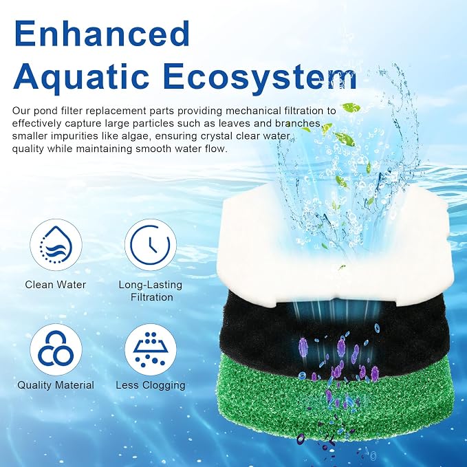 Pond Filter Pads Replacement for Aquagarden Inpond 5 in 1 600 and 6 in 1 900 Gallon Model, Foam Filters Sponge Set and Polymer Wool Pad for Outdoor Ponds Pump Filtration Maintenance Kit (Large, 8PCS)