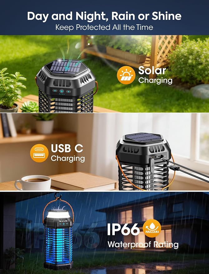 Solar Bug Zapper Outdoor – Ultra-Strong Fly & Mosquito Zapper, Solar-Powered Rechargeable Bug Zapper, Portable Cordless Insect Zapper, Foldable Adjustable Light, IP66 Waterproof (Carbon Black)