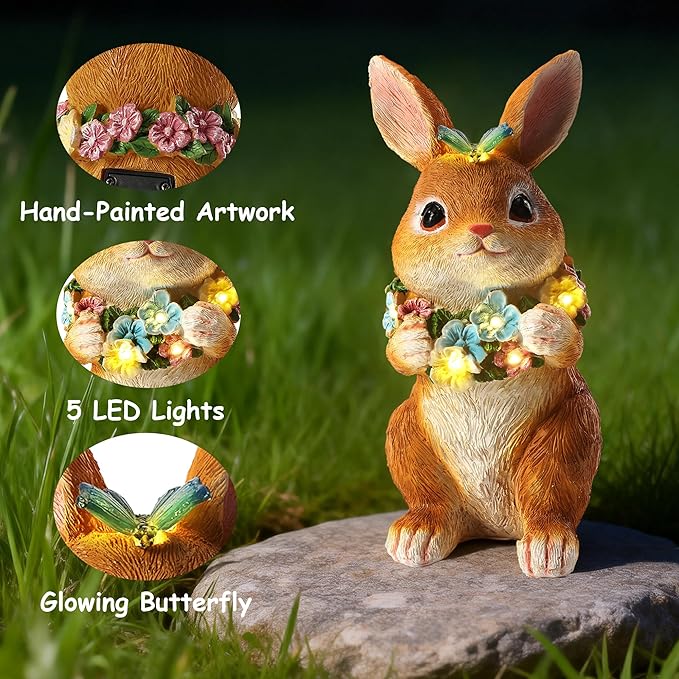 Solar Garden Statues Outdoor Bunny Decorations with Butterfly & Flowers Gifts for Mom, Grandma Spring Decor with 6 LED Night Accent Lights for Patio, Yard & Lawn, Mother Day Christmas Day Figurine