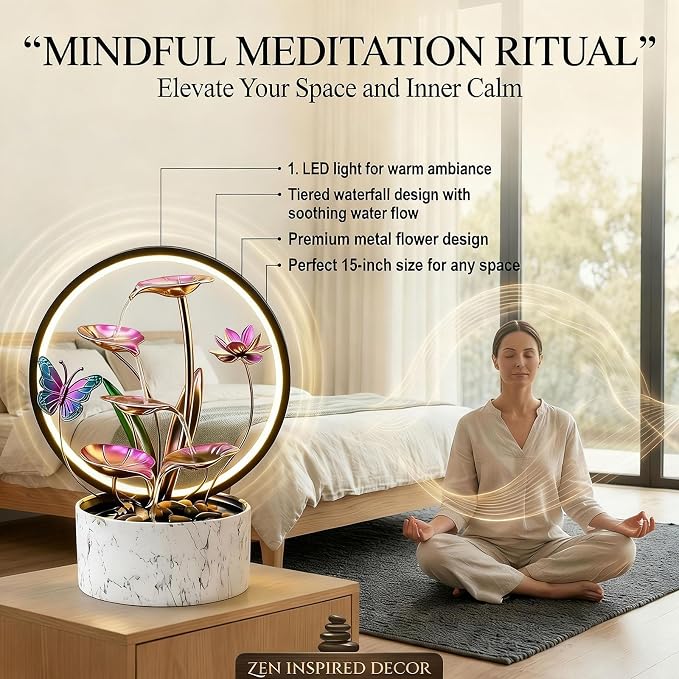 15‘’ H Small Tabletop Water Zen Fountain with Led Light for Indoor Meditation Yoga Spa Room Decor.