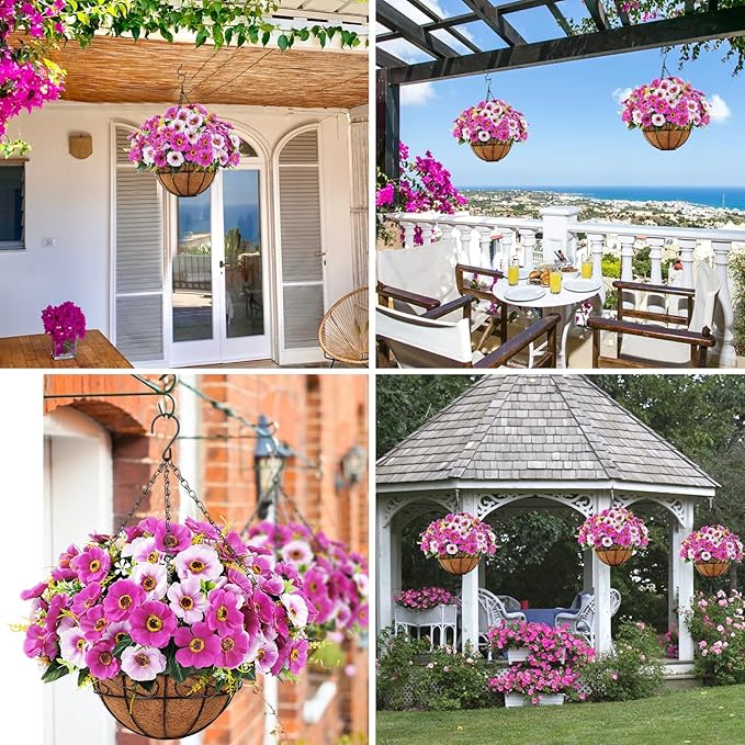 Ouddy Decor Artificial Hanging Flowers with Basket, Fake Silk Hanging Flowers in Coconut Lining Basket Faux Hanging Plants for Outdoor Indoor Spring Garden Porch Patio Balcony Home Decor, Red