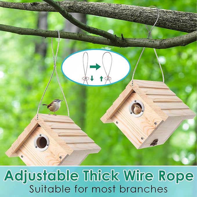Dreyoo 2 Pack Wren House, 1-1/8'' Entrance Hole Hanging Wooden Wren Bird Houses for Outside with Metal Guard, Air Vents, Pine Wood for Chickadees (Wood Color)