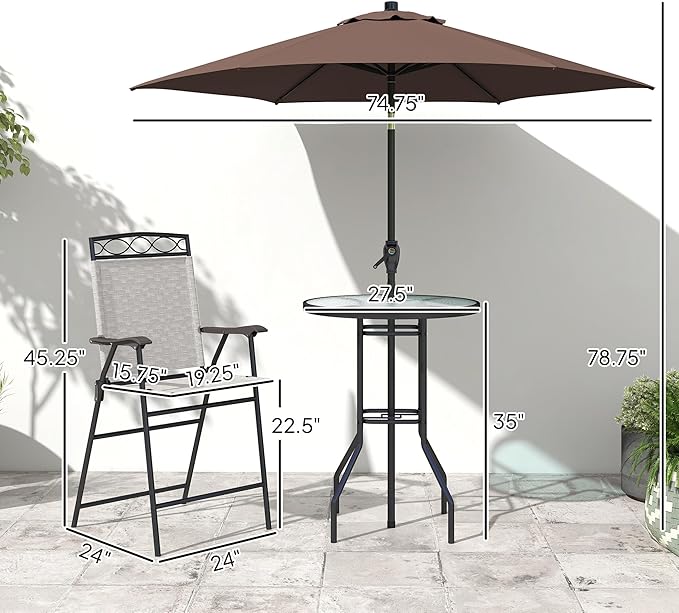 Outsunny 4 Piece Outdoor Patio Dining Furniture Set, 2 Folding Chairs, Adjustable Angle Umbrella, Wave Textured Tempered Glass Dinner Table, Beige