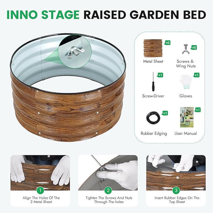 INNO STAGE 3 Pcs Round Galvanized Raised Garden Bed — 2×2×1ft Planter Box Outdoor Raised Beds Kit for Gardening Vegetables, Fruits, Herbs, and Flowers, Grain