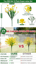 TURNMEON 12 Bundles Artificial Flowers for Outdoors Summer Decor, Realistic UV Resistant Fake Plants Faux Plastic Flowers for Outside Planter Home Gardens Porch Yards Spring Cemetery Decor(Yellow)