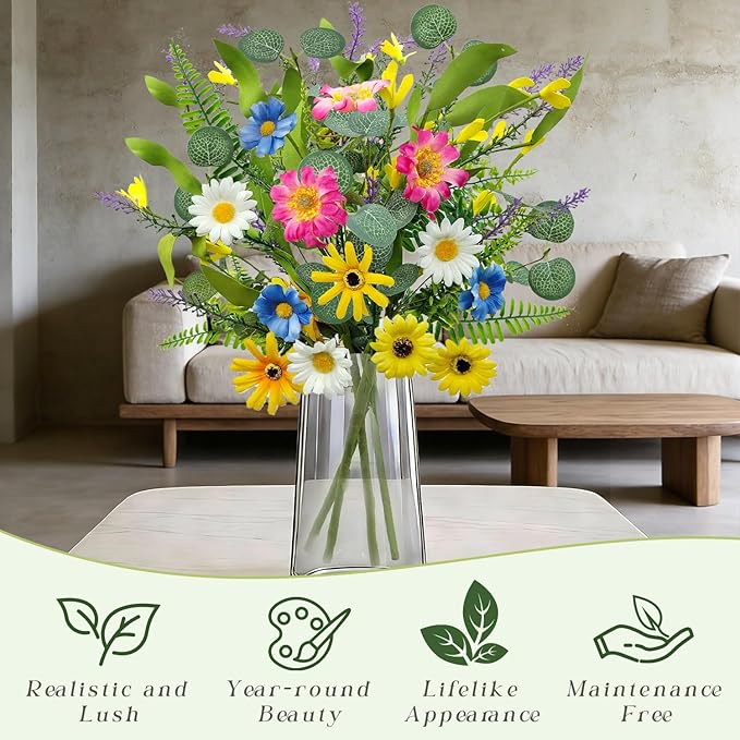 4 Bundles Artificial Daisy Flowers Bouquet Fake Wildflowers Silk Spring Floral Stems Arrangements for Home Indoor Living Room Kitchen Table Vase Wedding Party Decor